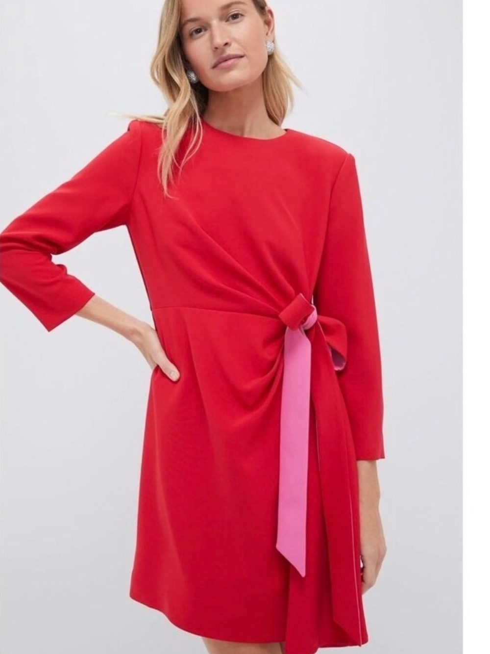 Tuckernuck Red Long-Sleeve Shift Dress with Pink Side Tie